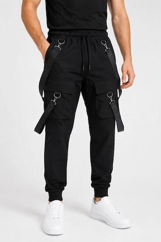 Assema Erkek Techwear Şerit Aksesuarlı Ön Kapak Cep Detaylı Jogger Eşofman Altı - Siyah Çok Renkli