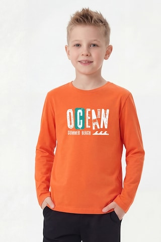 Panios Kids 3'lü Yuvarlak Yakalı Baskı Detaylı Uzun Kollu Basic 3 Parça Erkek Çocuk Tişört Turuncu - Yeşil