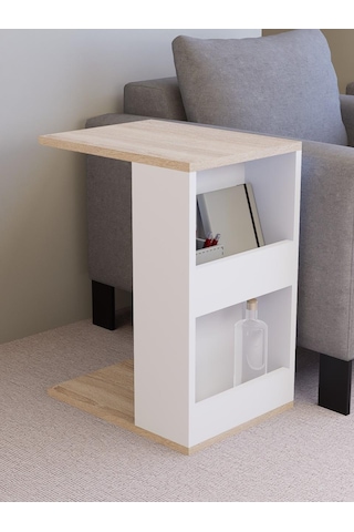 Dergilikli Raflı C Yan Sehpa, %100 Mdf Sonoma/beyaz Beyaz