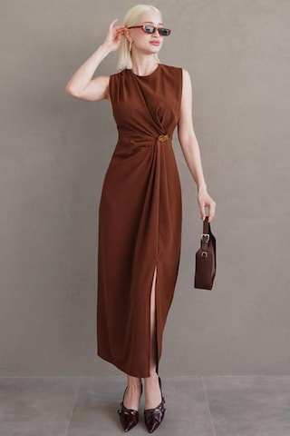 Madmext Kahverengi Bronşlu Midi Boy Kadın Elbise Mg2418 Kahverengi