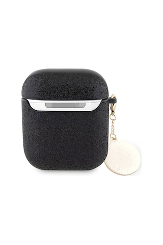 Apple Uyumlu AirPods Kılıf Guess Lisanslı Glitter Elmas Kalp Süs Zincirli Siyah