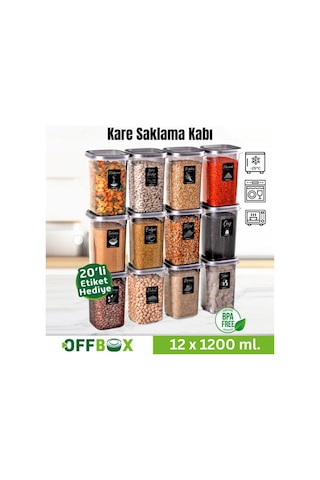 Offbox Kare Bakliyat Baharat Gıda Saklama Kabı - 1.2 Lt. - 12 Adet Antrasit Şeffaf