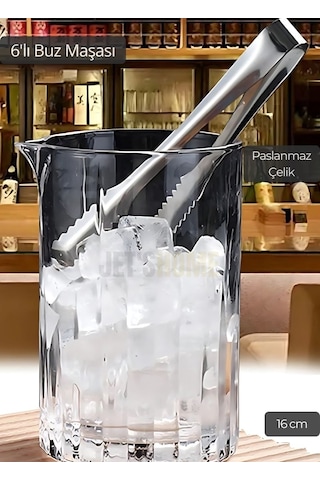 6 Lı Set Buz Maşası Paslanmaz Buz Kaşığı Çelik İnox 16 Cm Gümüş Gri