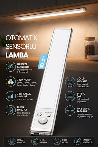 2 Adet Hareket Sensörlü Lamba Şarjlı Led Dolap Altı Lambası 2200 Mah Manyetik 3 Renk Kablosuz 1015 Gri
