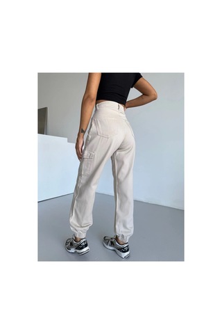 Kene Jeans Yüksek Bel Taş Paça Lastik Kargo Cepketen Mom Pantolon Taş