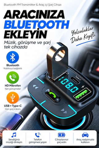 Bluetooth Fm Transmitter Araç Kiti Usb Type-c Hızlı Şarj Hd Mikrofon