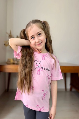 Fiyonk Desenli Kız Çocuk Pembe Renk Taytlı Takım Pembe