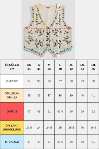 Saade Sââde Kadın V Yaka Çiçek Nakışlı Düğmeli Keten Yelek Taş