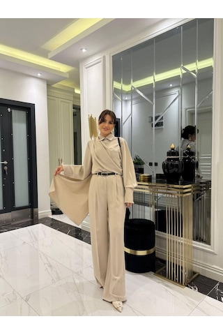 Cojans Kadın Uzun Kollu Şal Detaylı Bluz Ve Pantolon Kemer Dahil Ikili Takım Göründüğü Gibi