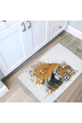 Banyo Halısı Dijital Baskılı Banyo Paspası 50x80 Polyester Kaymaz Tabanlı Duş Paspası Tiger Beyaz
