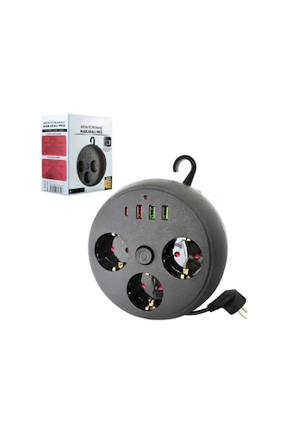 Makaralı 3'lü 1.5 M Uzatma Kablosu Akım Korumalı Priz 3x Usb 1x Type-c Giriş Duvar Askılı Priz 2 M