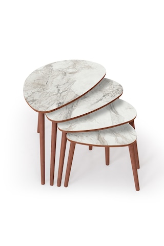 Nora 4lü Dörtlü Mdf Ahşap Zigon Sehpa - Beyaz Mermer Desen