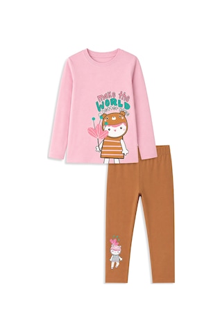 Deno Kids Denokids Kız Çocuk Pamuklu Uzun Kollu T-shirt & Tayt Takımı Sevimli Karakter Baskılı 2-8 Y Çok Renkli