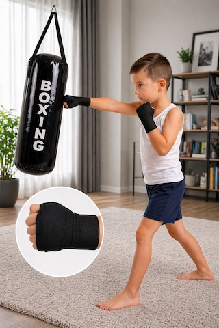 Spor Byfit 4-12 Yaş Çocuk Boks Torbası + Boks Bandajı + Askı Kancası Siyah