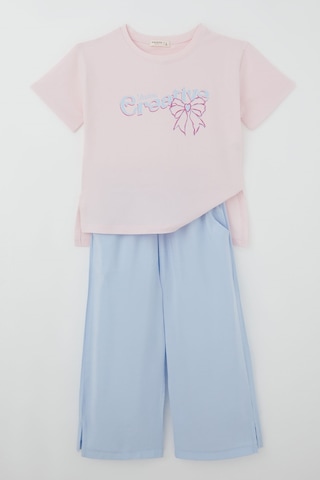 Breeze Kız Çocuk Pantolonlu Takım İlham Temalı Fiyonk Baskılı Yırtmaçlı 8-14 Yaş , Pembe