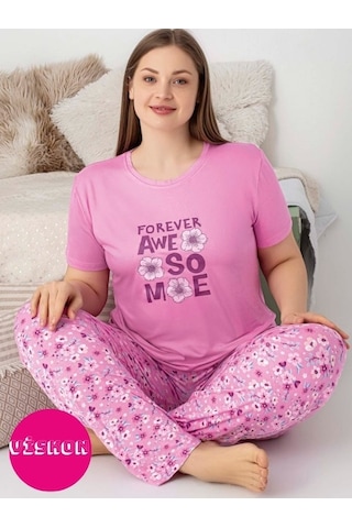 Kadın Bisiklet Yaka Düğmesiz Battal Kesim Viskon Yazlık Kısa Kol Cepli Büyük Beden Pijama Takımı Pembe