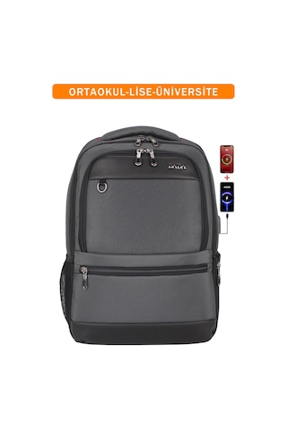 Körüklü Gri Okul Sırt Çantası Lise Üniversite Unisex Su Geçirmez Kumaş 14"-15,6" İnç Gri
