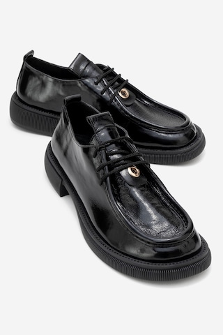 Luvishoes Luvi Shoes Band Siyah Kırışık Rugan Hakiki Deri Bağcıklı Kadın Loafer Ayakkabı Siyah