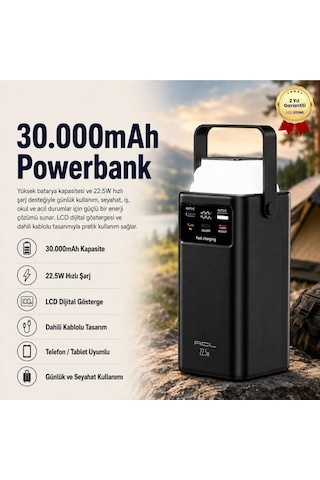 30.000mah Powerbank , 22.5w Hızlı Şarjlı, Lcd Göstergeli, Dahili Kablolu Taşınabilir Şarj Cihazı-1664 Siyah