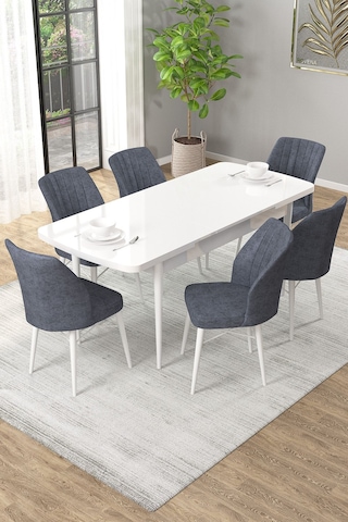 Arel Beyaz 80x132 Açılabilir Mdf Masa Yemek Odası Takımı, Mutfak Takımı 6 Adet Sandalye Beyaz Masa - 6 Füme - Beyaz Ayak