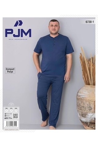 Pijamoni Erkek Battal Düğme Yaka Penye Kısa Kol Pijama Takımı 6730/1 - 1 Adet Mavi