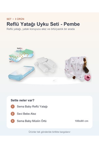 Reflü Yatağı Uyku Seti 3 Parça: Reflü Yatağı + Sevi Bebe Alez + Müslin Örtü - Pembe