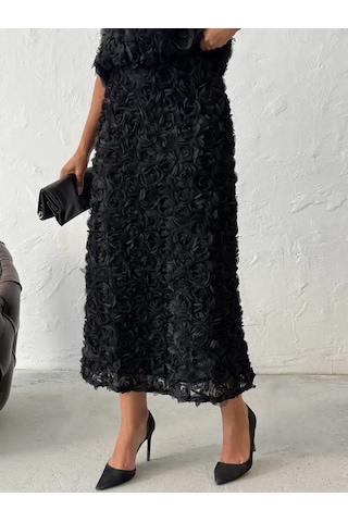 Gül Desenli Tül Etek Siyah