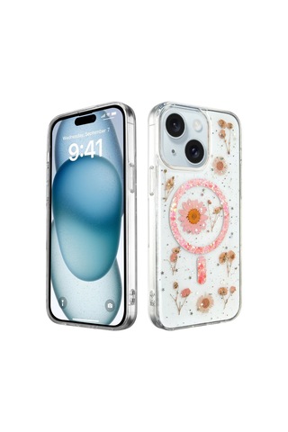 İphone 15 Uyumlu Simli Çiçekli Eşsiz Tasarım A+ Kalite Silikon Kapak - Pembe
