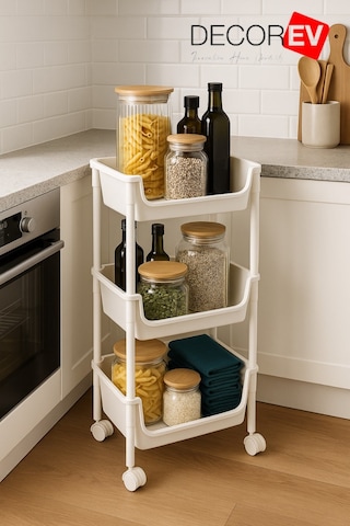 3 Katlı Tekerlekli Plastik Organizer Raf Çok Amaçlı Mutfak, Banyo Ve Ofis Düzenleyici Beyaz Dc-6821 Beyaz