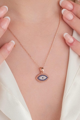 Tmt Silver Gümüş Rose Kaplama Göz Şekli Nazar Boncuklu Boncuğu Yuvarlak Zirkon Taşlı Kolye