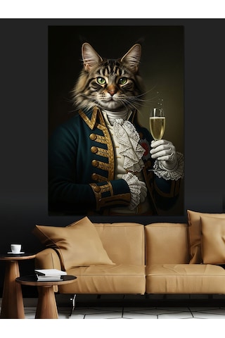 Şampanya İçen Aristokrat Kedi Dekoratif Kanvas - Mdf Ahşap Tablo