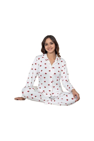 Yaren Collection Pamuklu Kadın Pijama Takımı Uzun Kollu Nefes Ala Beyaz