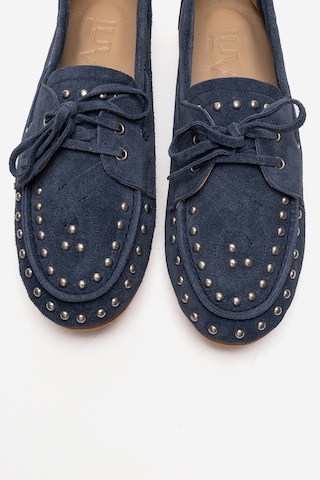 Luvishoes Cuesta Kot Mavi Süet Hakiki Deri Troklu Bağcıklı Kadın Loafer Ayakkabı