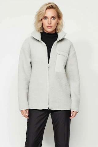 Benerly Kadın Dik Yaka Düşük Kol Tam Fermuarlı Peluş Sweatshirt Fonksiyon Gri