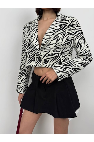 Vuvutasarım Yeni Sezon Desenli Simetrik Katlamalı Yaka Tek Düğme Crop Kadın Blazer Ceket 24s08012 Siyah