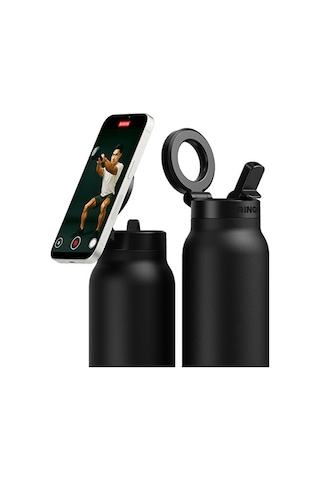 Ringo Pro Manyetik Telefon Tutuculu Termal Paslanmaz Çelik Su Şişesi Pipetli Kapak 24 Oz / 710 Ml Siyah