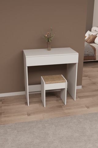 Df02113 Kapaklı Aynalı Bölmeli Puflu Makyaj Masası Beyaz