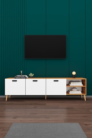 Asra Trend Tv Ünitesi T-20 %100 MDF 200 cm Büyük Boy Tv Sehpası Dolaplı Raflı Petra-Beyaz