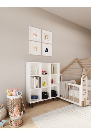 Ligno Mobilya Beyaz Montessori Çocuk Odası Kitaplığı - 103 CM Oyuncak ve Kitap Düzenleyici, Robot Süpürge Uyumlu 9 Küp Bölmeli Dolap