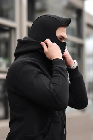 Veraura Lifestyle Erkek Maskeli Ninja Model Çift Kapüşonlu 3 İplik Şardonlu Fermuarlı Sweatshirt - Siyah