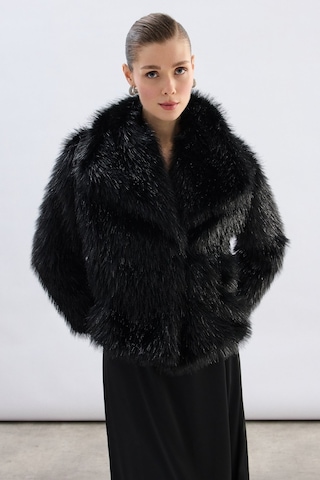 Sateen Geniş Yakalı Simli Kürk - Siyah-136718 Siyah