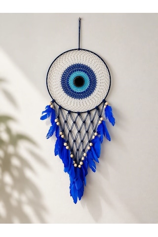 Nazar Motifli Düş Kapanı Rüya Kapanı Dream Catcher Mavi Tüylü Bohem Duvar Süsü Bohem El Yapımı Düş Kapanı