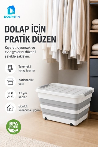 30 L Katlanabilir Kapaklı Saklama Organizeri Mutfak Kiler Dolap İçi Düzenleyici Kutu Beyaz - Gri