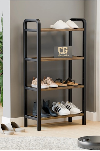 Mega 4 Katlı Ahşap Çubuklu Ayakkabılık 50 Cm Lüks Raf Ünitesi Ceviz