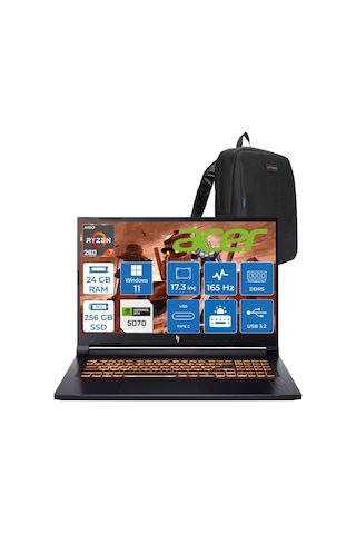 Acer Nitro V 17 AI ANV17-41-R3H8 NH.QZKEY.001H01 R7-260 24 GB 256 GB SSD 8 GB RTX5070 17.3" W11H Dizüstü Bilgisayar + Zetta Çanta
