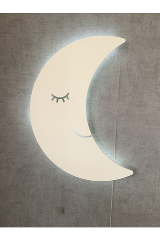 Çocuk Odası Dekoratif Ahşap Ay Gece Lambası Ledli Aydınlatma Beyaz-renkli