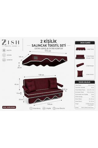 Altaleno 2 Kişilik 130 45 Cm Süngerli Bahçe Balkon Salıncak Minderi Yıkanabilir Kılıflı, Tenteli Keten Kumaş Tekstil Seti 24 Dns 8 Cm Orta Sert Sünger Bordo