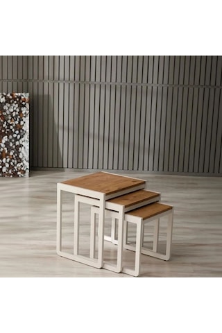 Doğal Ahşap Masif Panel Üçlü Zigon Sehpa Beyaz