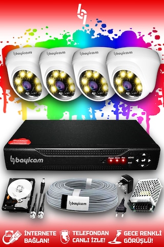 Bayicam 4 Kameralı Dome 4 İç Kamera Set 250 GB HDD Full HD Renkli Gece Görüşlü Güvenlik Kamerası Sistemi