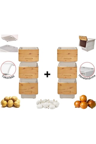 Motek Patateslik Soğanlık Sepeti Oyuncak Kutusu Tekerlekli Organızer Çok Amaçlı Kutu 6x12lt-bambu+krem